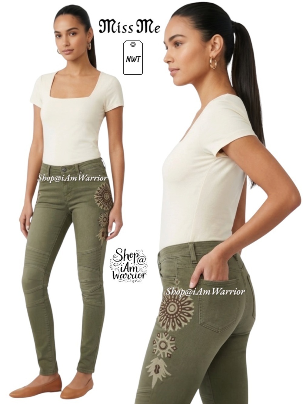 Miss Me Vintage style NWT green floral embroidered moto skinny jeans